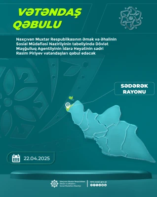 Naxçıvan Respublikasının Əmək və Əhalinin Sosial Müdafiəsi Nazirliyinin tabeliyində Dövlət Məşğulluq Agentliyinin İdarə Heyətinin sədri Rasim Piriyev Sədərək rayonunda vətəndaşları qəbul edəcək